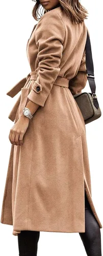 Vista 3 de Yousify Abrigo de manga larga con solapa con muescas para mujer, abrigo largo casual para otoño e invierno con cinturón