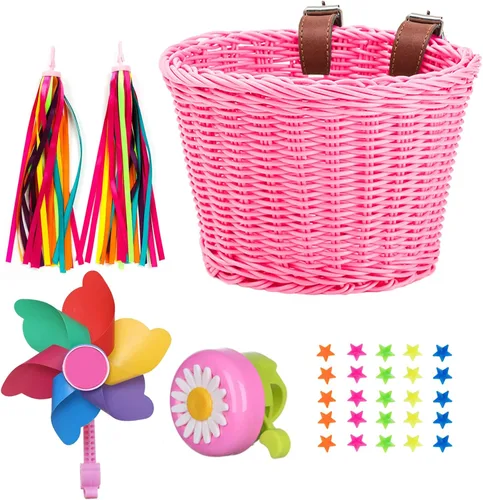 Vista 9 de Cesta de bicicleta para niñas, cesta de bicicleta ajustable para manillar delantero con serpentinas de bicicleta, juego de campana/molino de viento