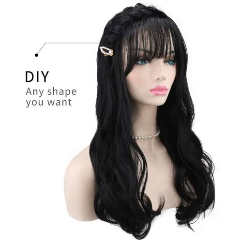 Vista 6 de Peluca de cosplay para mujeres con gorra, peluca de 28 in largo y ondulado resistente al calor de AKStor, Negro