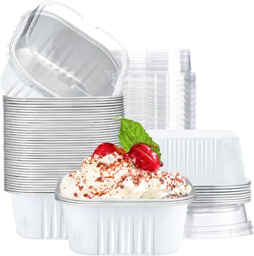 Vista 8 de EUSOAR - Moldes para pastel con tapas, 50 unidades de 300 ml/10 oz, moldes cuadrados desechables para cupcakes, recipientes de papel de aluminio