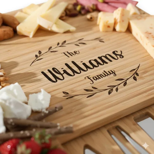 Vista 11 de Juego de tablas de charcutería personalizadas con dos cajones, tabla de queso de bambú grabada personalizada, Navidad, boda y regalo de inauguración