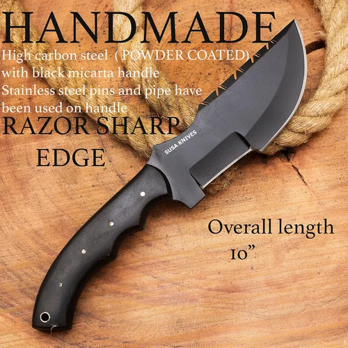 Vista 2 de Cuchillo de acero D2 hecho a mano - Cuchillo de supervivencia - Cuchillo de camping táctico para caza con funda, hoja fija, transporte horizontal