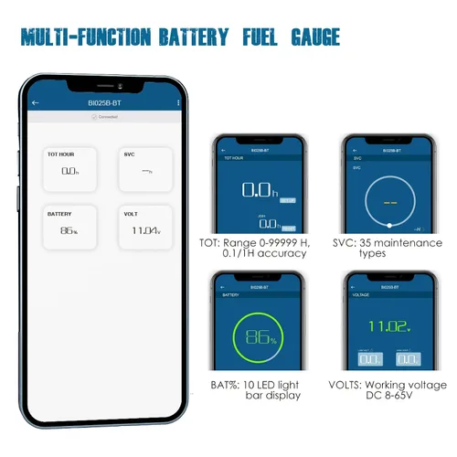 Vista 2 de Runleader Medidor de nivel de batería Bluetooth LCD de 12 V a 48 V, medidor de voltios con alerta, registro de horas de funcionamiento para troyano