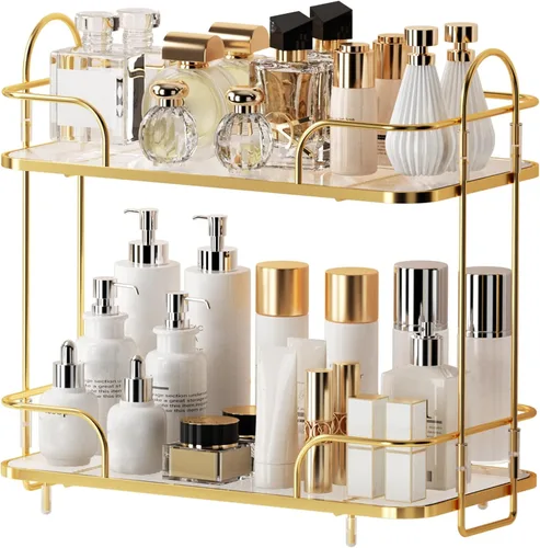 Vista 9 de Organizador de esquina de 2 niveles para encimera de baño, organizador cosmético para el cuidado de la piel, bandeja de perfume para encimera