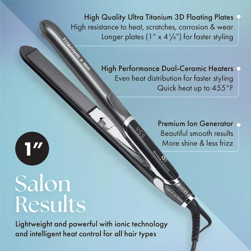 Vista 2 de Olivia Garden Titanium + Ion Professional Flat Iron - Hair Straightener for All Hair Types - Includes Heat-Resistant Mat - 3D Floating Plates