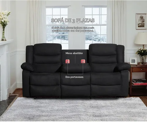 Vista 5 de Juego de sofá reclinable, juego de sofá reclinable manual de microfibra, juego de 3 piezas con sofá biplaza, mesa desplegable y portavasos, sala