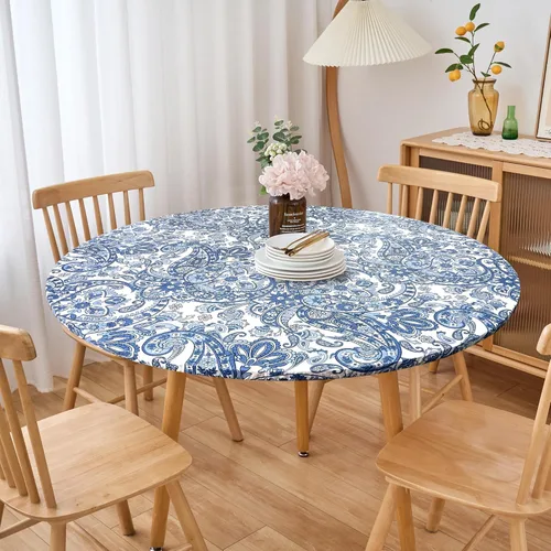 Vista 23 de LIBERECOO Mantel redondo de vinilo ajustable con reverso de franela, borde elástico, impermeable, resistente a las manchas, mantel lavable