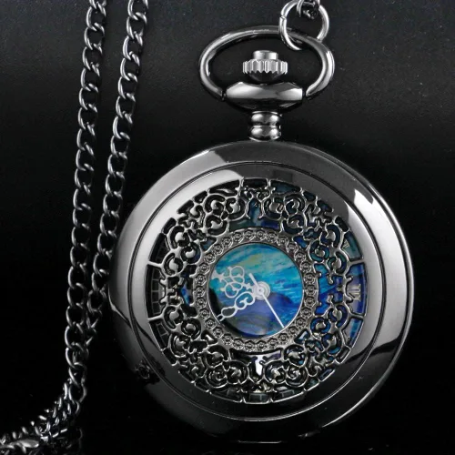 Vista 2 de Tiong Reloj de bolsillo con diseño de estrella azul hueca números romanos cuarzo con cadena regalos de cumpleaños de Navidad