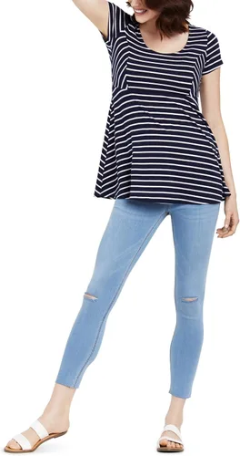 Vista 2 de Motherhood Maternity Jeans ajustados para mujer, súper elásticos, con ajuste secreto sobre el vientre, longitud hasta el tobillo, color azul índigo
