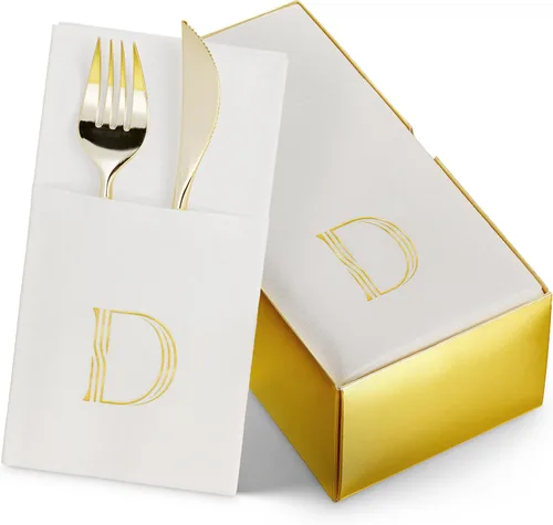 Vista 10 de Paquete de 50 servilletas con monograma con bolsillo para cubiertos, servilletas desechables de 16 x 16 pulgadas con letra M de papel de aluminio