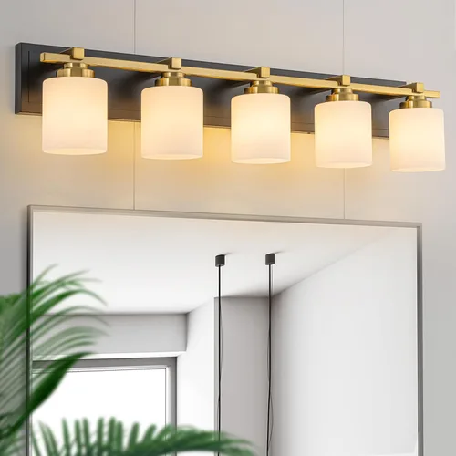 Vista 30 de 1 Luminaria Moderna de Baño sobre Espejo, Luces de Tocador Negro Dorado para Apliques de Pared de Baño con Pantallas de Vidrio Blanco Lechoso