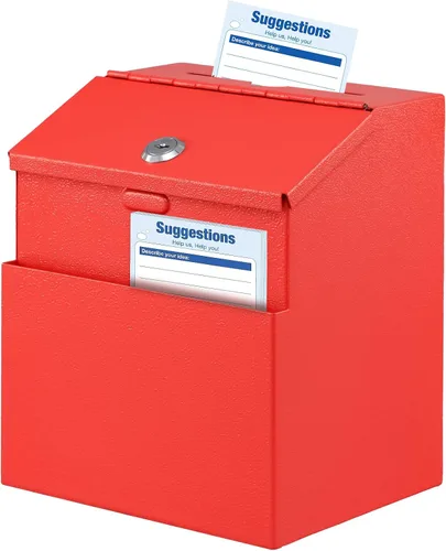 Vista 13 de KYODOLED Caja de sugerencias con candado y 50 tarjetas de sugerencia gratis, boleta de metal montada en la pared, caja de donación y colección