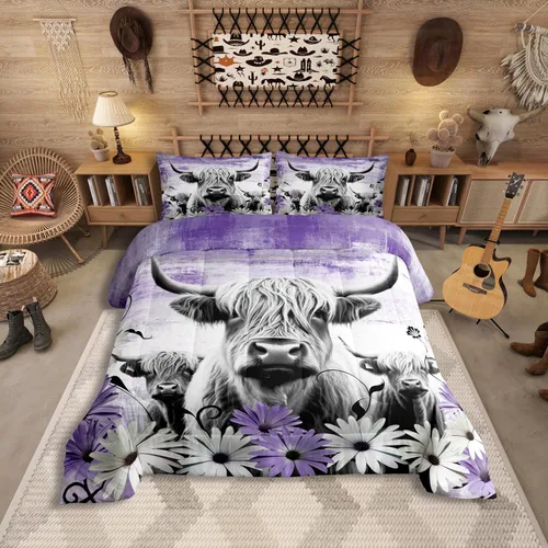 Vista 11 de Erosebridal Juego de edredón con estampado de vaca de las Highland, juego de ropa de cama de granja occidental verde azulado, decoración rústica