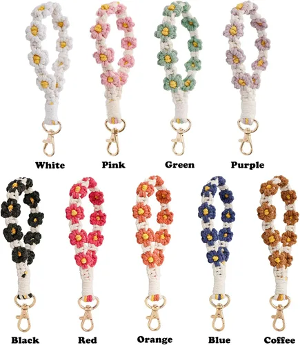 Vista 6 de XGALBLA Bonito llavero de macramé bohemio hecho a mano, pulsera de pulsera con cordón de muñeca floral para mujer