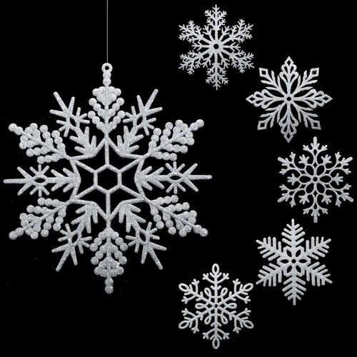 Vista 16 de Sratte Paquete de 12 adornos de copos de nieve grandes con purpurina de 12 pulgadas, decoración gigante de plástico para colgar en invierno