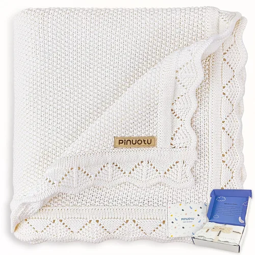 Vista 11 de Manta de punto para bebés para niños y niñas, 100% algodón, manta para cuna y cochecito para recién nacidos, bebés, niños pequeños, crema, 40 x 31