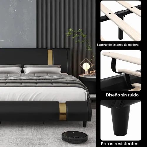 Vista 7 de TTVIEW Moderna base de cama tapizada de piel sintética con decoración de metal de hierro dorado, cabecera curvada ajustable, soporte de listones