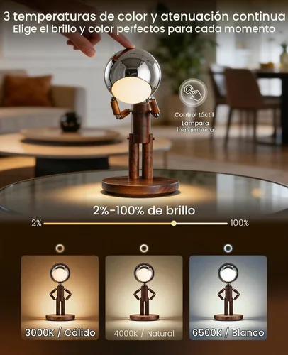 Vista 4 de Lámpara de mesa inalámbrica, lámpara de mesa de madera recargable con control táctil y brillo ajustable, lámpara de noche decorativa inalámbrica