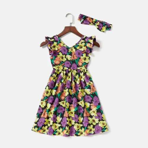 Vista 4 de Mommy and Me - Vestidos a juego con volantes florales y espalda descubierta, vestido de playa con cinturón autoatado para verano, mamá e hija