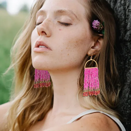 Vista 3 de Aretes colgantes bohemios con cuentas, hechos a mano, aretes de borla con cuentas para mujer
