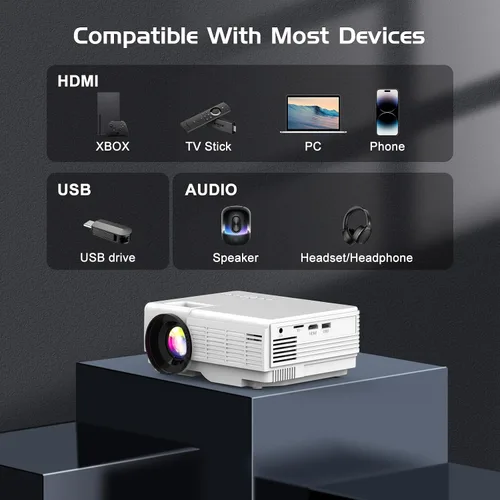 Vista 6 de Proyector Mini 1080P con Pantalla, Proyector de Cine en Casa Portátil con Bluetooth Bidireccional, Entrada HDMI/USB para Smartphone/TV Stick, Ideal