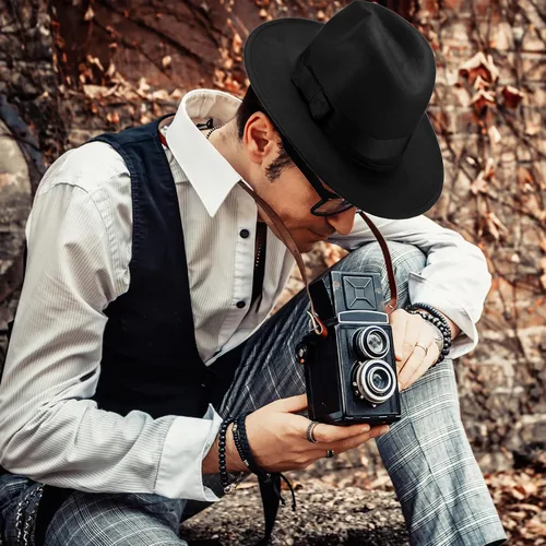 Vista 5 de SATINIOR 6 piezas de sombrero de Fedora, sombrero de gángster negro para hombres y mujeres, accesorio de disfraz divertido de los años 20, sombreros