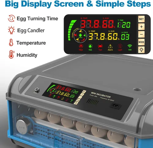 Vista 2 de Incubadora de huevos para incubar huevos, incubadora de huevos de pollo con giro automático de huevos, control de humedad, sistema de adición