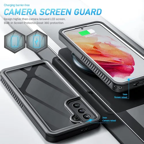 Vista 6 de Funda impermeable para Samsung S21, a prueba de polvo, a prueba de golpes, IP68, con protector de pantalla, funda protectora de cuerpo completo