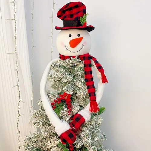 Vista 4 de Juegoal - Muñeco de nieve para la copa del árbol de Navidad, muñeco de nieve grande y suave para abrazar la copa del árbol con sombrero a cuadros