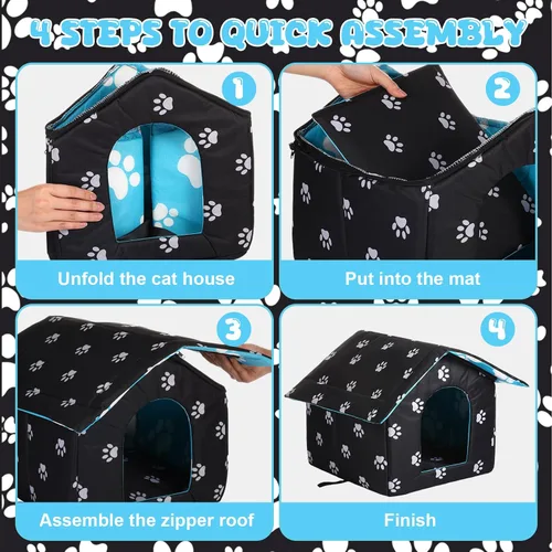 Vista 4 de Casa impermeable para gatos al aire libre, casas para mascotas callejeras, refugio para gatos y perros, refugio plegable para mascotas con manta