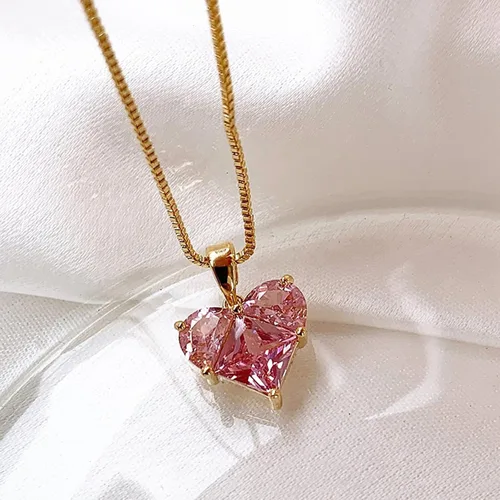 Vista 6 de Juego de 2 collares de corazón rosa, anillos de corazón para mujer, juego de collar rosa, aretes de collar rosa, collar de cadena de clavícula