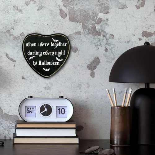 Vista 4 de Letrero de madera con forma de corazón gótico, cartel de «Every Night Is Halloween», arte de pared de madera gótico retro, decoración de placa