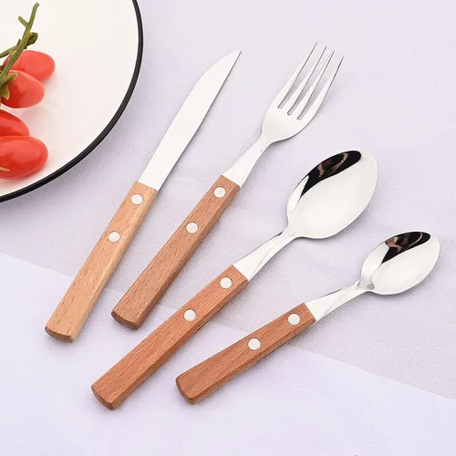 Vista 7 de Juego de cubiertos de acero inoxidable 304 de 8 piezas, mango retro de madera, juego de utensilios de vajilla para fiesta, incluye cuchillo Marrón