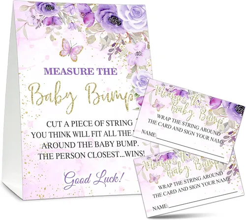 Vista 5 de Measure the Baby Bump - Juego de juego para baby shower, 1 letrero de pie con 50 tarjetas de adivinanzas, suministros de decoración de fiesta