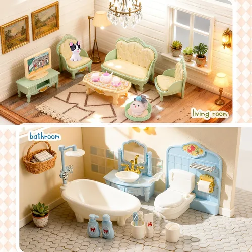 Vista 3 de HAPGFS Set de 45 piezas de muebles de casa de muñecas, accesorios para juego de simulación, dormitorio, sala de estar, baño, cocina, muebles mini