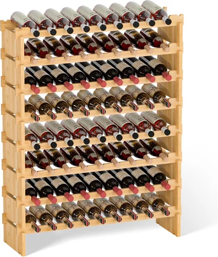 Vista 8 de Domax Estante de vino independiente para 72 botellas de vino, 8 niveles, apilables, de madera de bambú, estantes de almacenamiento para cocina, bar