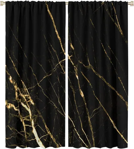 Vista 116 de Cortinas Negras con Dobladillo Dorado, Cortinas Opacas con Bolsillo para Barra con Estampado de Rayas de Foil en Onda Dorada para Decoración de Negro