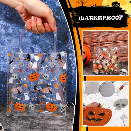 Vista 4 de Silkfly 50 bolsas de regalo transparentes de Halloween con asa, bolsas de PVC para golosinas