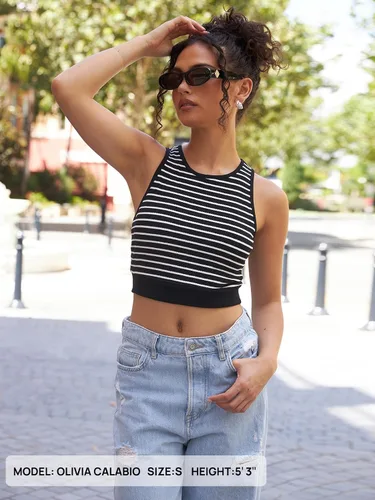 Vista 4 de MEROKEETY Camiseta sin mangas de punto acanalado de verano para mujer Y2K a rayas sin mangas