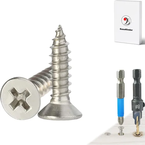 Vista 28 de Tornillos para madera, 120 tornillos Phillips de cabeza plana, tornillo de acero inoxidable 304 con kit de avellanado de madera ajustable (#4 x 1)