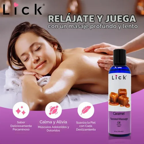 Vista 3 de Lick Aceite de masaje con sabor a caramelo, aceite de masaje comestible de postre cálido con vitamina E, textura suave y segura para el cuerpo