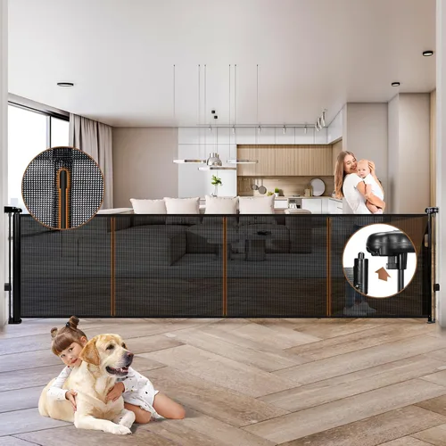 Vista 16 de Puerta retráctil para bebés de 120" extra ancha, puerta retráctil para perros de 41" de altura para escaleras, puertas, terrazas, puerta de malla