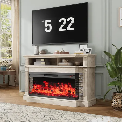 Vista 2 de Soporte de TV con chimenea para televisores de hasta 65", centro de entretenimiento con chimenea de 52" estilo rústico con chimenea eléctrica
