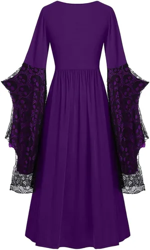 Vista 3 de Vestido de bruja retro para mujer, vestido gótico de encaje vintage medieval renacentista