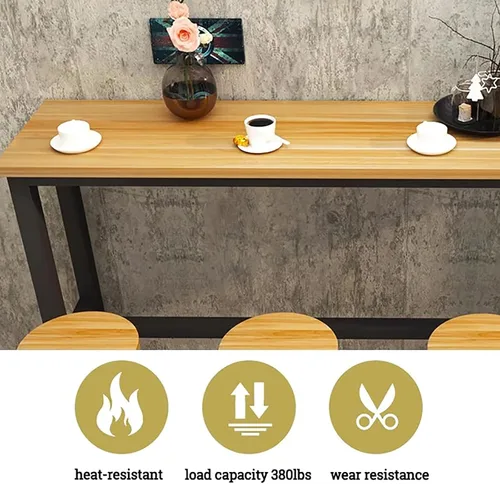 Vista 4 de Mesa de bar moderna, mesa de sofá de consola de madera, mesa de comedor larga para desayuno, mesa de bar de cocina, mesa de café, barandilla