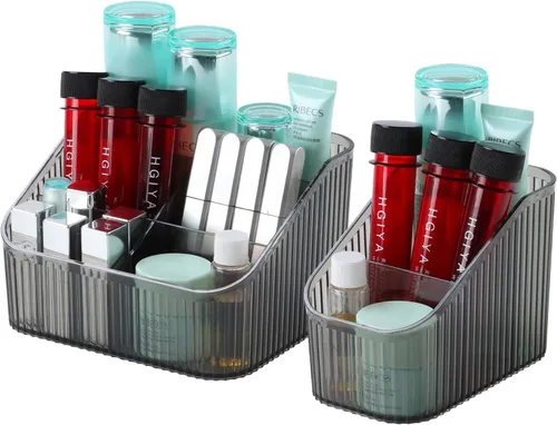 Vista 11 de Organizador de brochas de maquillaje ámbar para tocador, organizador de encimera de baño, 5 tazas, almacenamiento y exhibición de artículos