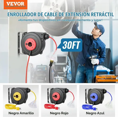 Vista 2 de VEVOR Carrete de cable de extensión retráctil, 30 pies, carrete de cable de alimentación retráctil resistente 16AWG/3C SJTOW con toma triple Rojo