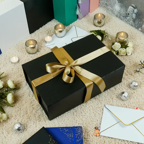 Vista 4 de YINUOYOUJIA Cajas de regalo grandes negras con tapa, caja de regalo magnética de 14 x 9 x 4.5 pulgadas con cinta, tarjetas y sobres para regalos
