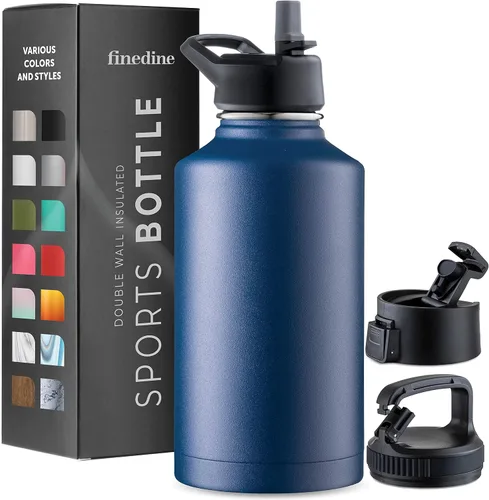 Vista 36 de FineDine Botellas de agua aisladas de triple pared con popote, botella de metal de acero inoxidable de 25 onzas con 3 tapas a prueba de fugas
