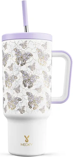 Vista 32 de Meoky - Vaso de 30 oz con asa, tapa y pajilla, taza de viaje térmica de acero inoxidable 100% a prueba de fugas, para portavasos, mantiene el frío